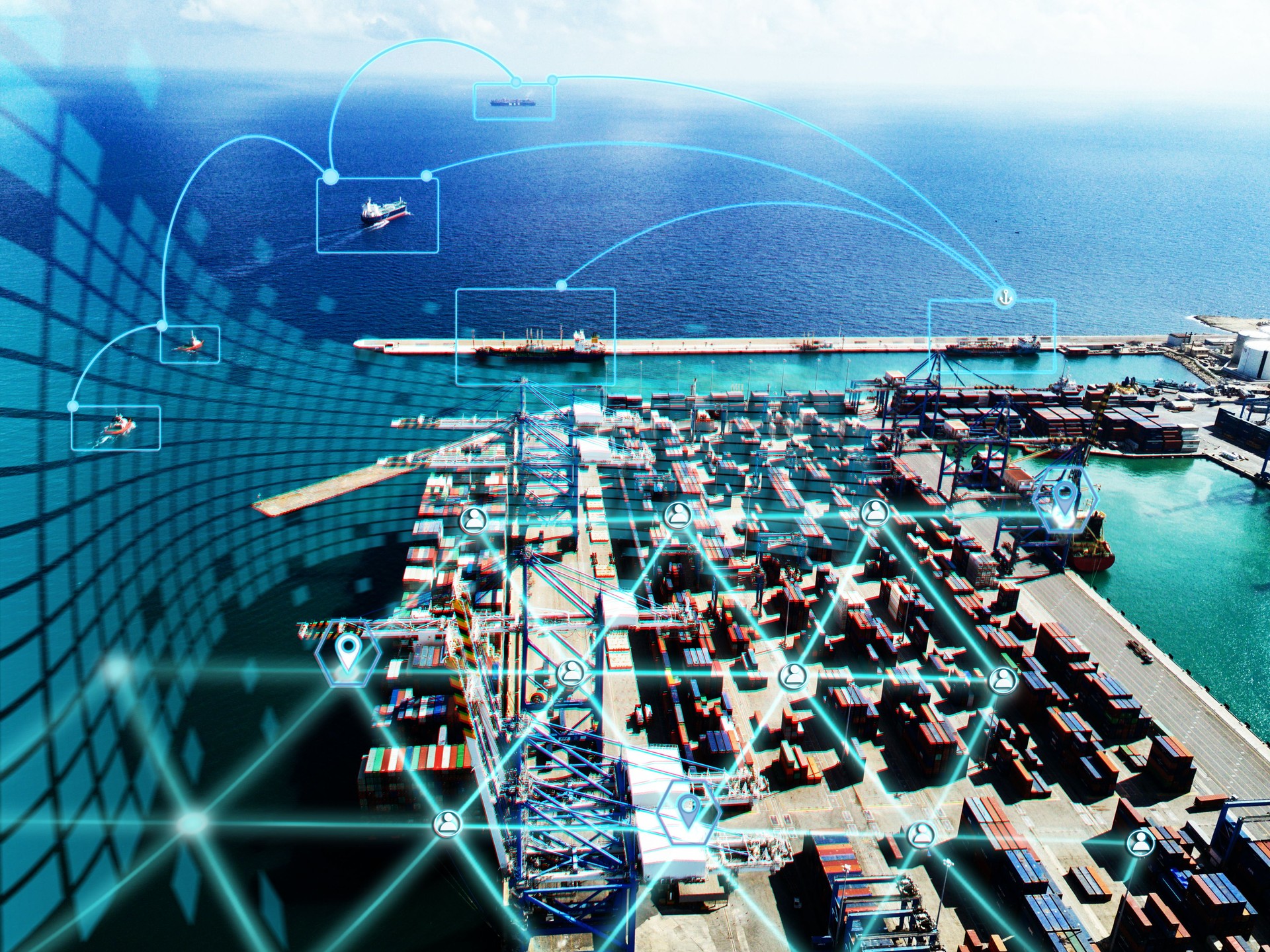 Aerial view of a high-tech smart port with digital technology overlays and ships in the ocean